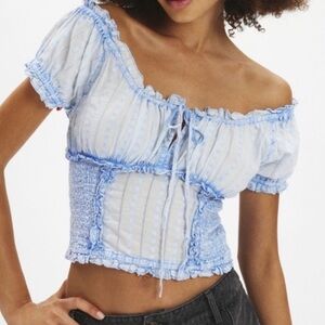 🟤NWT KIMCHI BLUE Nicole Scoop Neck Cropped Blouse in Blue/White